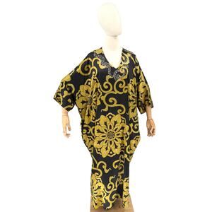 Natori Black Gold Floral Sequin Batwing Kaftan Maxi Dress